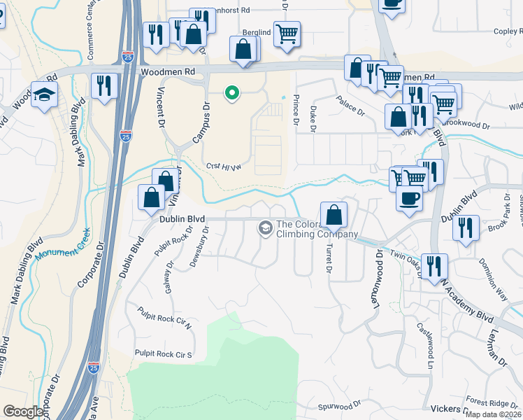 map of restaurants, bars, coffee shops, grocery stores, and more near 1205 Willow Bend Circle in Colorado Springs