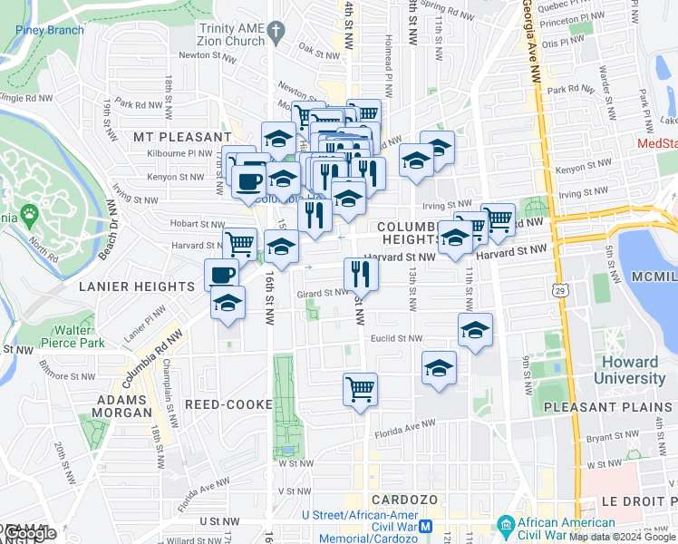 map of restaurants, bars, coffee shops, grocery stores, and more near 1420 Harvard Street Northwest in Washington