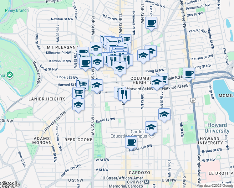 map of restaurants, bars, coffee shops, grocery stores, and more near 1420 Harvard Street Northwest in Washington
