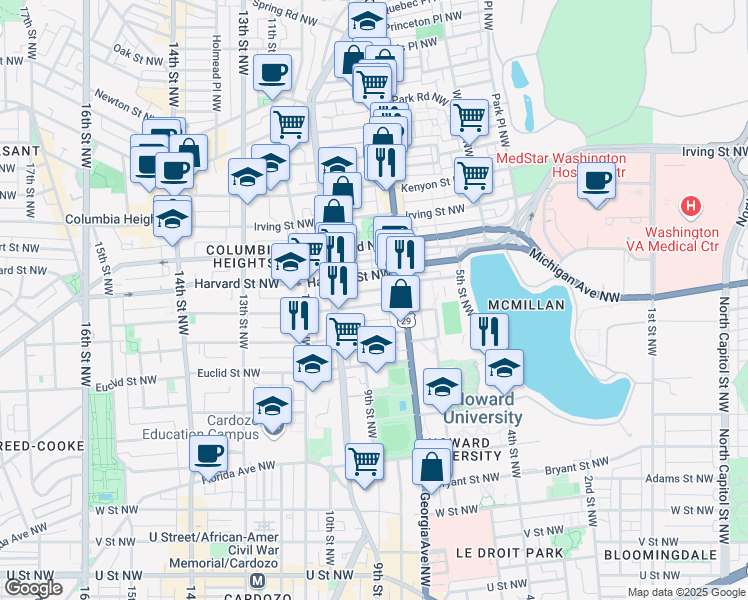 map of restaurants, bars, coffee shops, grocery stores, and more near 737 Girard Street Northwest in Washington