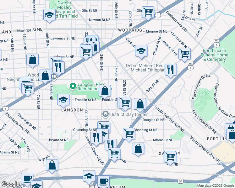 map of restaurants, bars, coffee shops, grocery stores, and more near 2809 26th Street Northeast in Washington