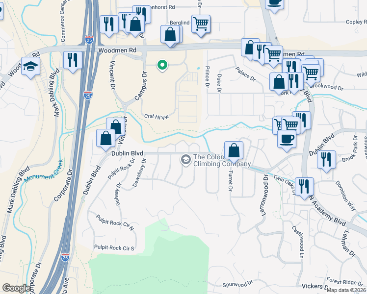 map of restaurants, bars, coffee shops, grocery stores, and more near 1205 Willow Bend Circle in Colorado Springs