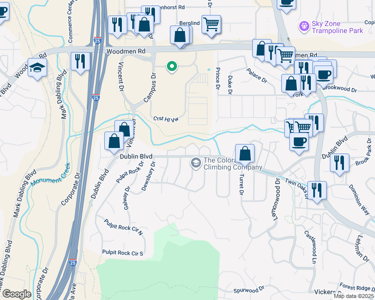 map of restaurants, bars, coffee shops, grocery stores, and more near 1205 Willow Bend Circle in Colorado Springs