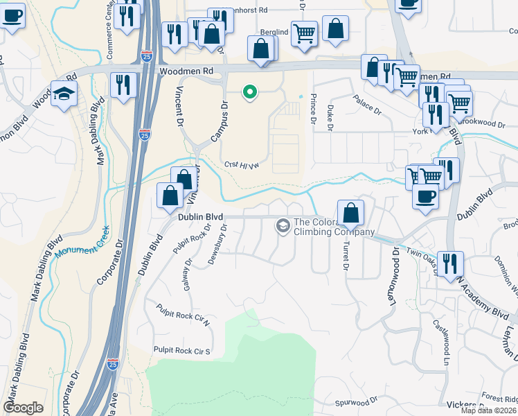 map of restaurants, bars, coffee shops, grocery stores, and more near 1103 Willow Bend Circle in Colorado Springs