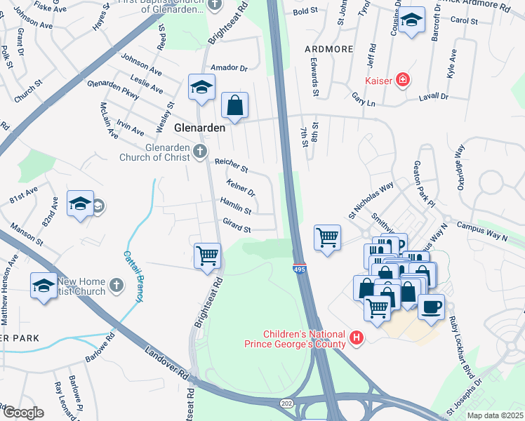 map of restaurants, bars, coffee shops, grocery stores, and more near 2701 Kelner Drive in Hyattsville