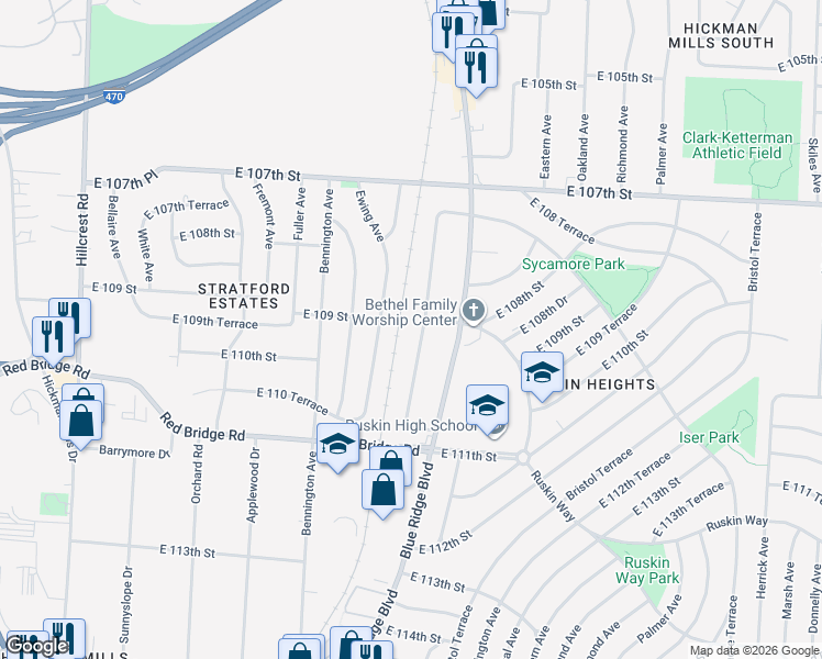 map of restaurants, bars, coffee shops, grocery stores, and more near 10825 Ewing Avenue in Kansas City
