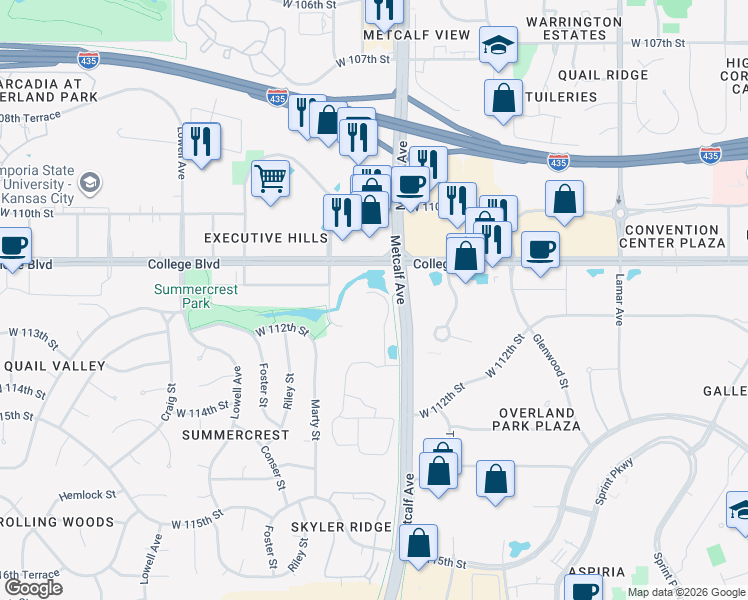 map of restaurants, bars, coffee shops, grocery stores, and more near 7219-7333 College Boulevard in Overland Park