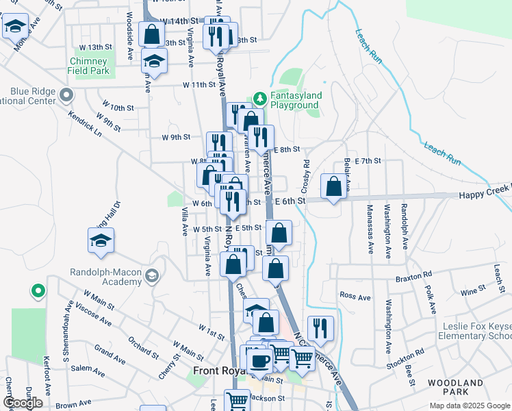 map of restaurants, bars, coffee shops, grocery stores, and more near 107 East 6th Street in Front Royal