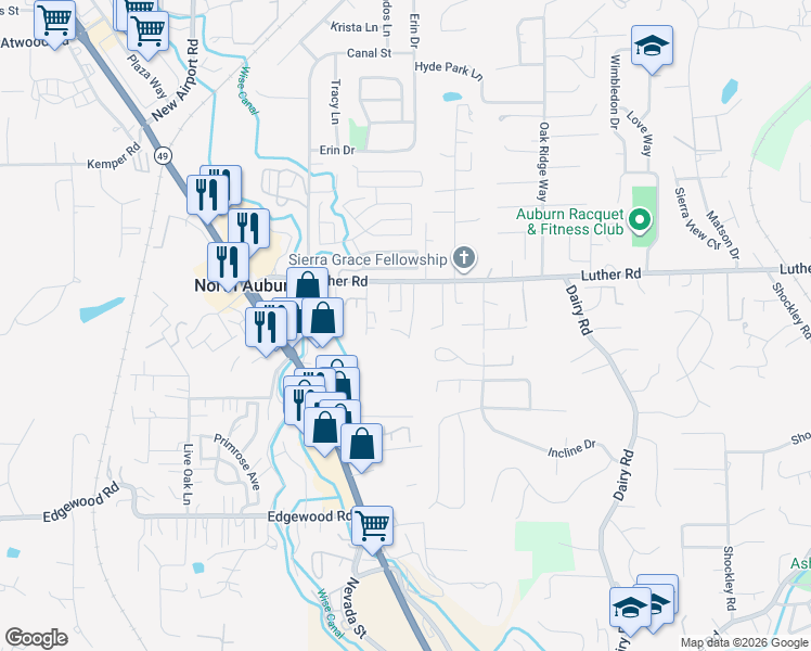 map of restaurants, bars, coffee shops, grocery stores, and more near 1240 Taylor Lane in Auburn