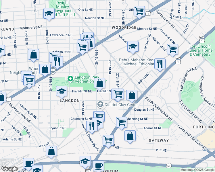 map of restaurants, bars, coffee shops, grocery stores, and more near 2806 26th Street Northeast in Washington