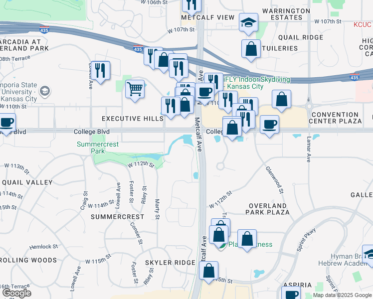 map of restaurants, bars, coffee shops, grocery stores, and more near 7101 College Boulevard in Overland Park