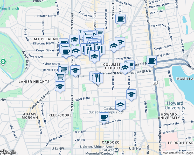 map of restaurants, bars, coffee shops, grocery stores, and more near 2803 14th Street Northwest in Washington