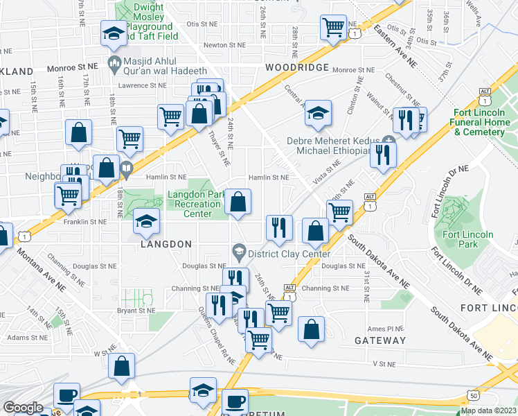 map of restaurants, bars, coffee shops, grocery stores, and more near 2806 26th Street Northeast in Washington