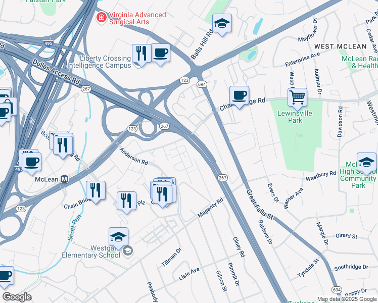 map of restaurants, bars, coffee shops, grocery stores, and more near 1625 Colonial Hills Drive in McLean