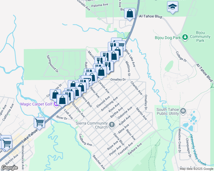map of restaurants, bars, coffee shops, grocery stores, and more near 2640 Chris Avenue in South Lake Tahoe