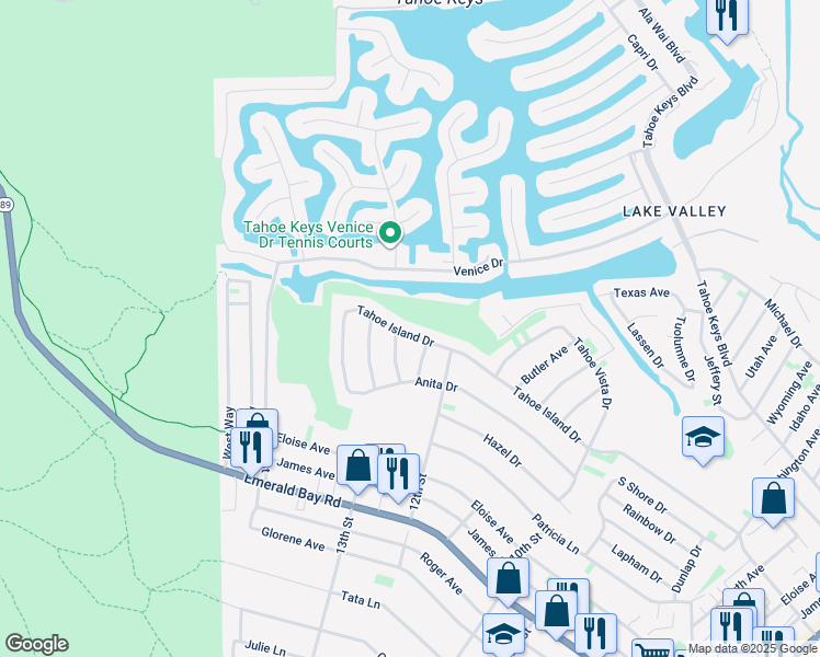 map of restaurants, bars, coffee shops, grocery stores, and more near 643 Tahoe Island Drive in South Lake Tahoe