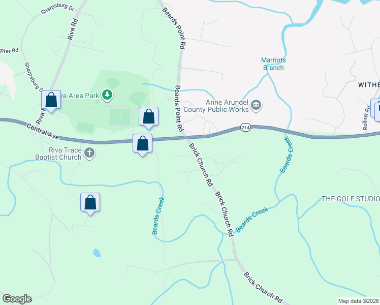 map of restaurants, bars, coffee shops, grocery stores, and more near 315 Brick Church Road in Davidsonville