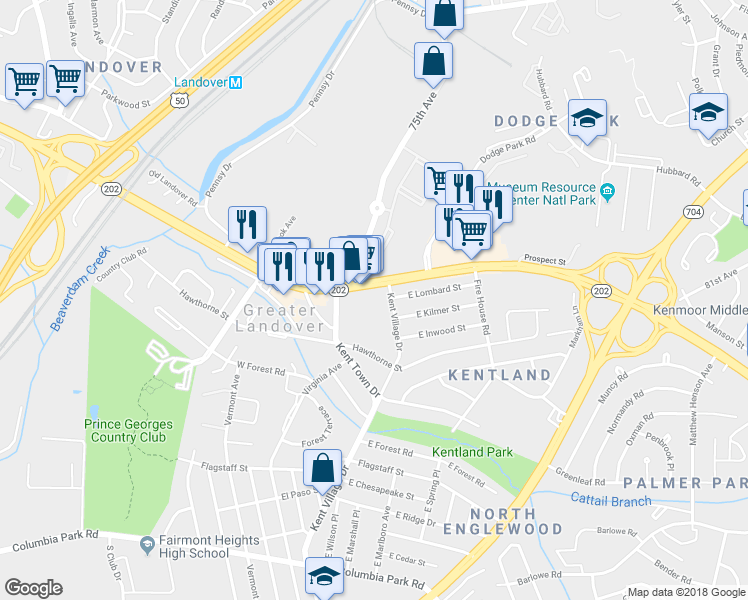 map of restaurants, bars, coffee shops, grocery stores, and more near 7541 Landover Road in Hyattsville