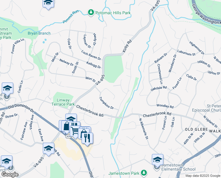 map of restaurants, bars, coffee shops, grocery stores, and more near 6146 Farver Road in McLean