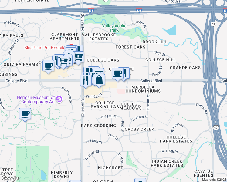 map of restaurants, bars, coffee shops, grocery stores, and more near 11725 West 112th Street in Overland Park