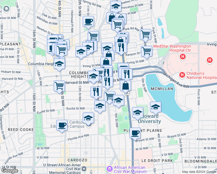 map of restaurants, bars, coffee shops, grocery stores, and more near 2809 Sherman Avenue Northwest in Washington
