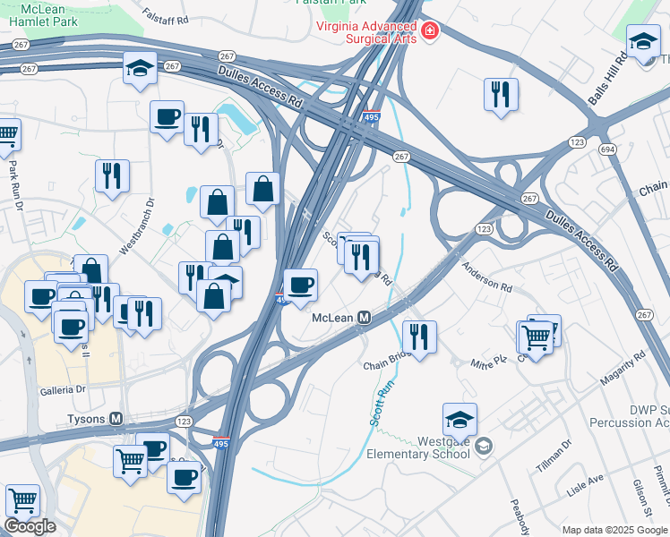 map of restaurants, bars, coffee shops, grocery stores, and more near 1600 Capital One Drive in McLean
