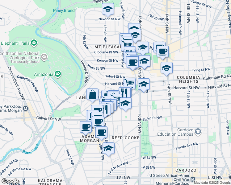 map of restaurants, bars, coffee shops, grocery stores, and more near 1705 Lanier Place Northwest in Washington
