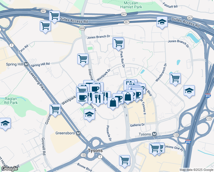 map of restaurants, bars, coffee shops, grocery stores, and more near 1625 International Drive in McLean