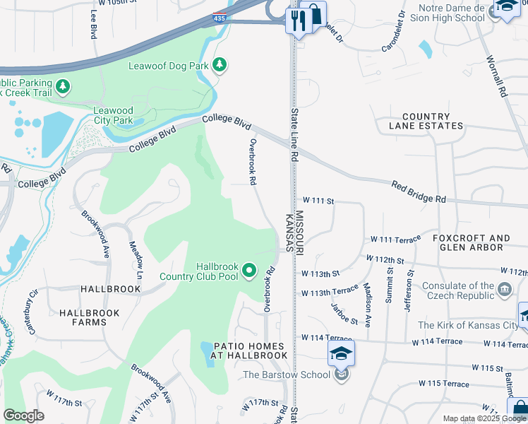 map of restaurants, bars, coffee shops, grocery stores, and more near 11141 Overbrook Road in Leawood
