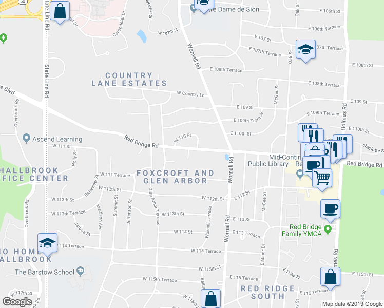 map of restaurants, bars, coffee shops, grocery stores, and more near 11101 Wyandotte Court in Kansas City