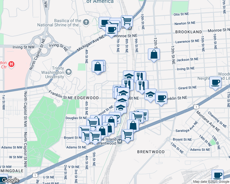 map of restaurants, bars, coffee shops, grocery stores, and more near 651 Girard Street Northeast in Washington