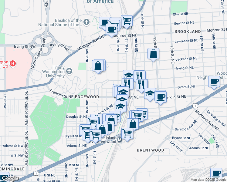 map of restaurants, bars, coffee shops, grocery stores, and more near 645 Girard Street Northeast in Washington