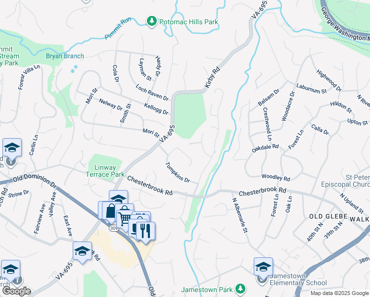 map of restaurants, bars, coffee shops, grocery stores, and more near 6146 Farver Road in McLean