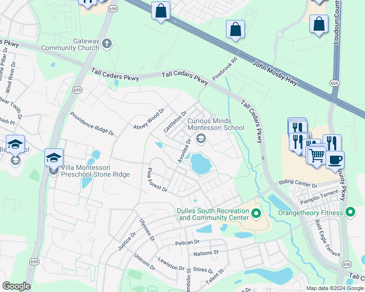 map of restaurants, bars, coffee shops, grocery stores, and more near 24957 Avonlea Drive in Chantilly