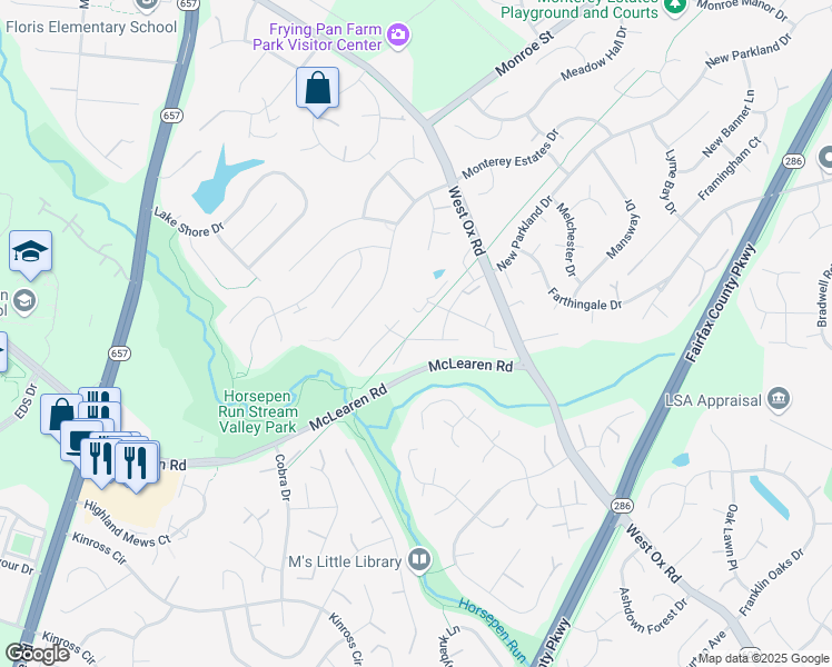 map of restaurants, bars, coffee shops, grocery stores, and more near 13116 Bradley Farm Drive in Herndon