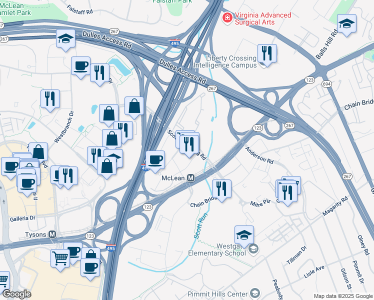 map of restaurants, bars, coffee shops, grocery stores, and more near 1525 Capital One Drive in Tysons