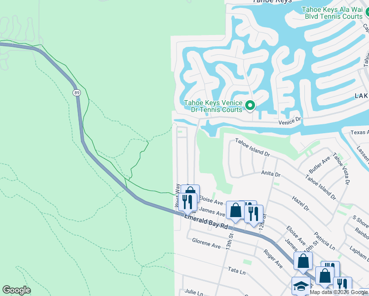 map of restaurants, bars, coffee shops, grocery stores, and more near 2138 Lukins Way in South Lake Tahoe
