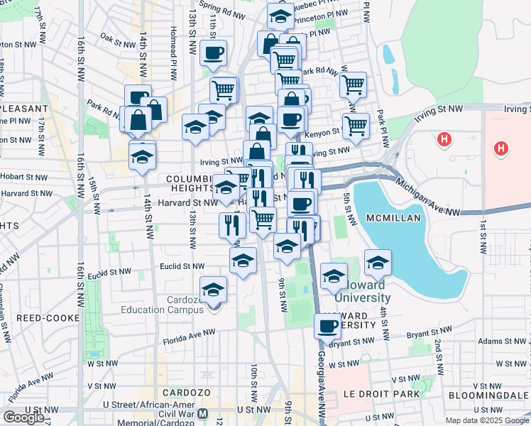 map of restaurants, bars, coffee shops, grocery stores, and more near 768 Gresham Place Northwest in Washington