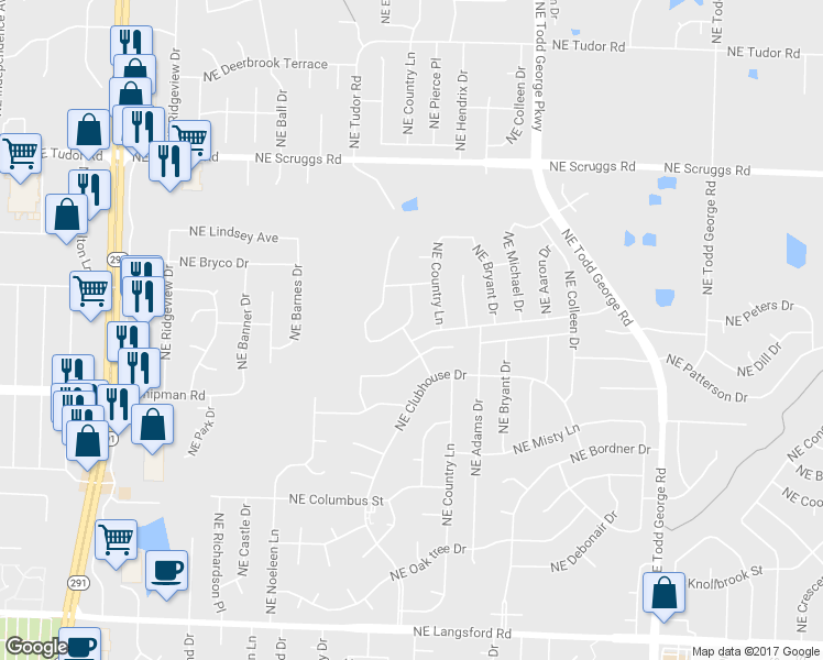 map of restaurants, bars, coffee shops, grocery stores, and more near 1321 Northeast Foxwood Drive in Lee's Summit