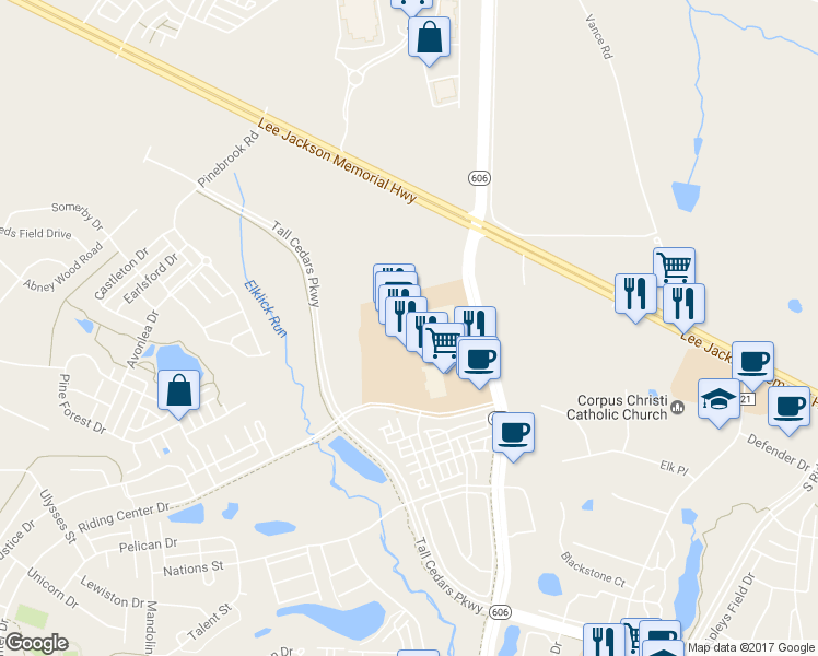 map of restaurants, bars, coffee shops, grocery stores, and more near 24970 Riding Plaza in Chantilly