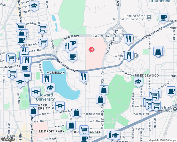 map of restaurants, bars, coffee shops, grocery stores, and more near 99 Michigan Avenue Northwest in Washington