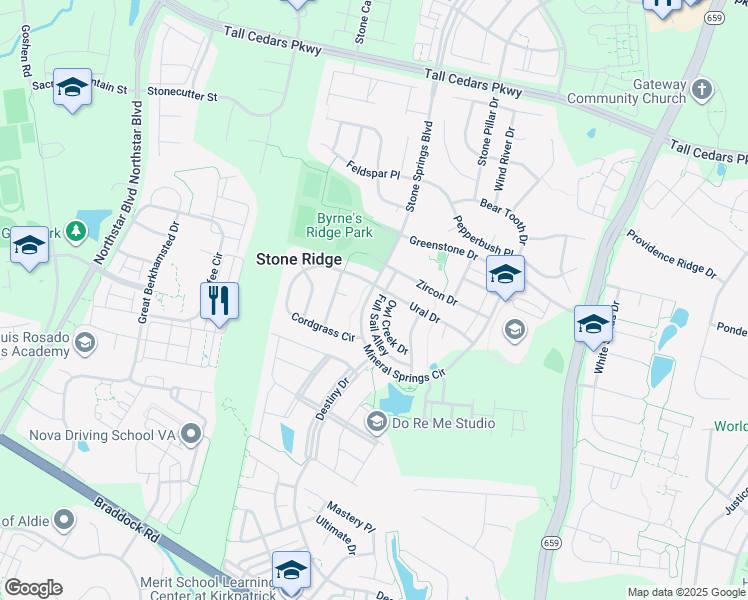 map of restaurants, bars, coffee shops, grocery stores, and more near 24990 Mineral Springs Circle in Aldie