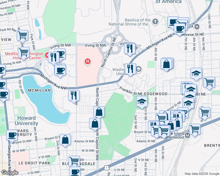 map of restaurants, bars, coffee shops, grocery stores, and more near 101 Independence Avenue Southeast in Washington