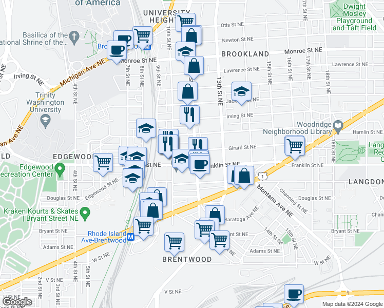 map of restaurants, bars, coffee shops, grocery stores, and more near 2824 12th Street Northeast in Washington