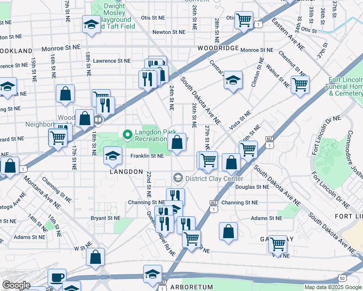 map of restaurants, bars, coffee shops, grocery stores, and more near 2412 Franklin Street Northeast in Washington