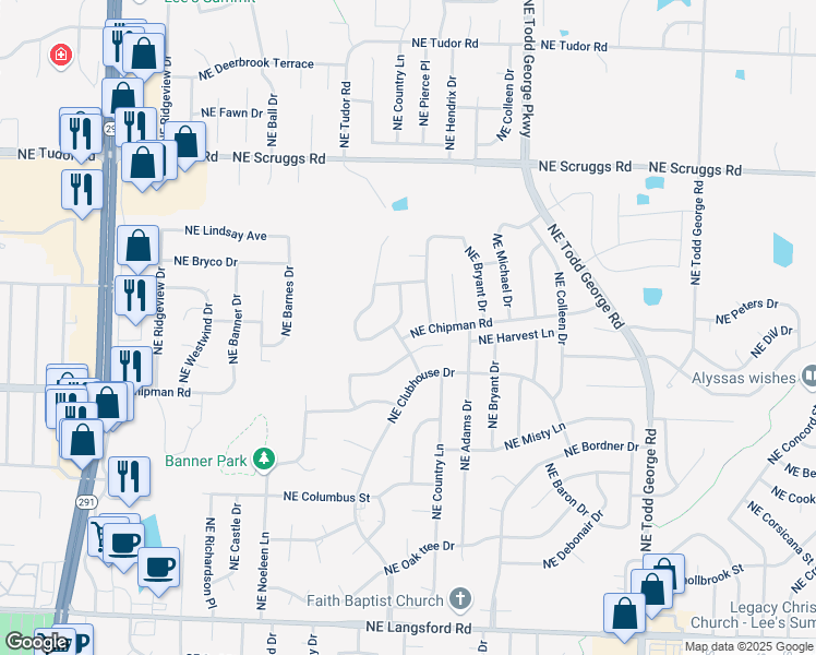 map of restaurants, bars, coffee shops, grocery stores, and more near 1321 Northeast Foxwood Drive in Lee's Summit
