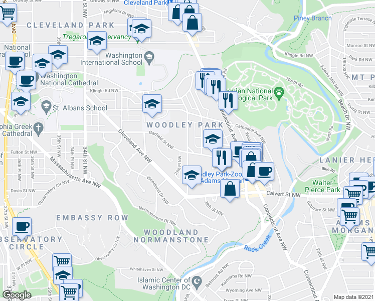 map of restaurants, bars, coffee shops, grocery stores, and more near 29th Street Northwest in Washington