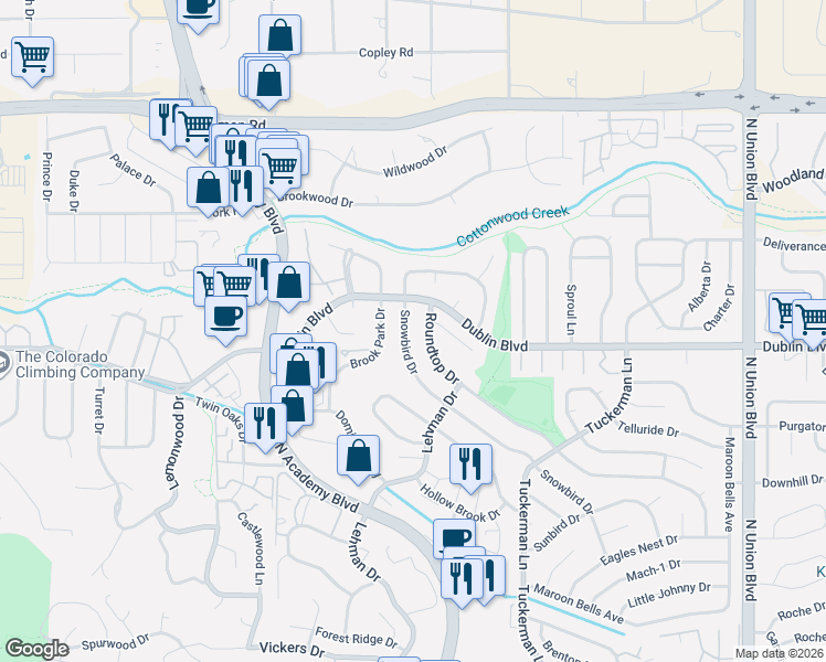 map of restaurants, bars, coffee shops, grocery stores, and more near 6665 Snowbird Drive in Colorado Springs