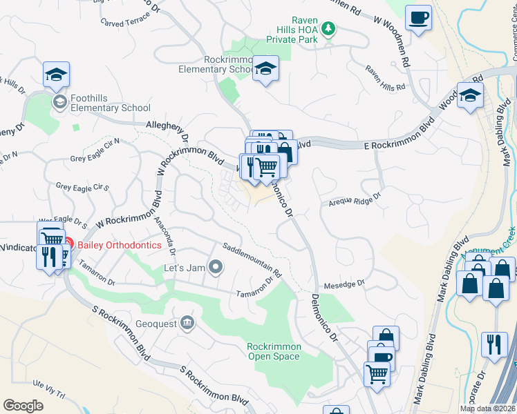 map of restaurants, bars, coffee shops, grocery stores, and more near 6580 Delmonico Drive in Colorado Springs