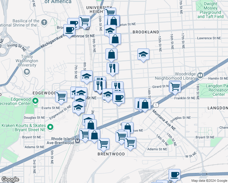 map of restaurants, bars, coffee shops, grocery stores, and more near 2824 12th Street Northeast in Washington
